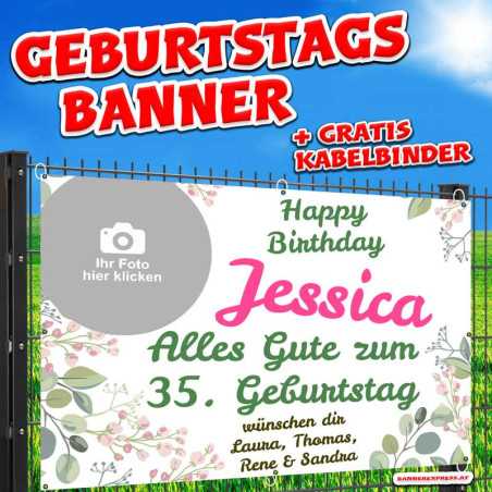Wetterfestes Geburtstagsbanner mit Efeu-Design und eigenen Fotos online gestalten