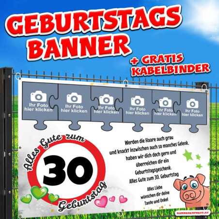 Geburtstagsbanner online bestellen mit Fotocollage und lustigem Design. Wetterfest und geöst.