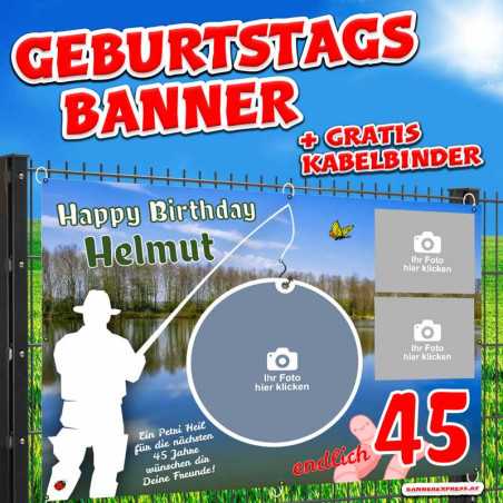 Geburtstagsbanner und Banner zum Geburtstag für Männer online gestalten und bestellen. Design für Angler und Fischer.