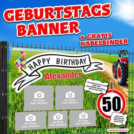 Banner zum Geburtstag für Männer mit Traktor online gestalten und bestellen. Design für Bauern. Expressproduktion.